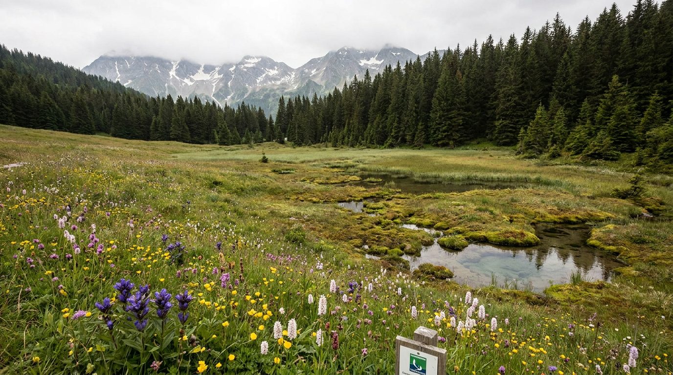 Protected alpine meadow and wetland in the Swiss Alps